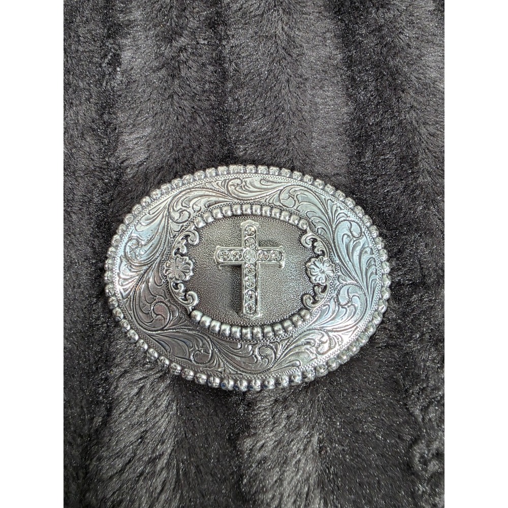 Nocona Western Belt Buckle Silver Tone Rhinestone Cross Floral Scroll Oval